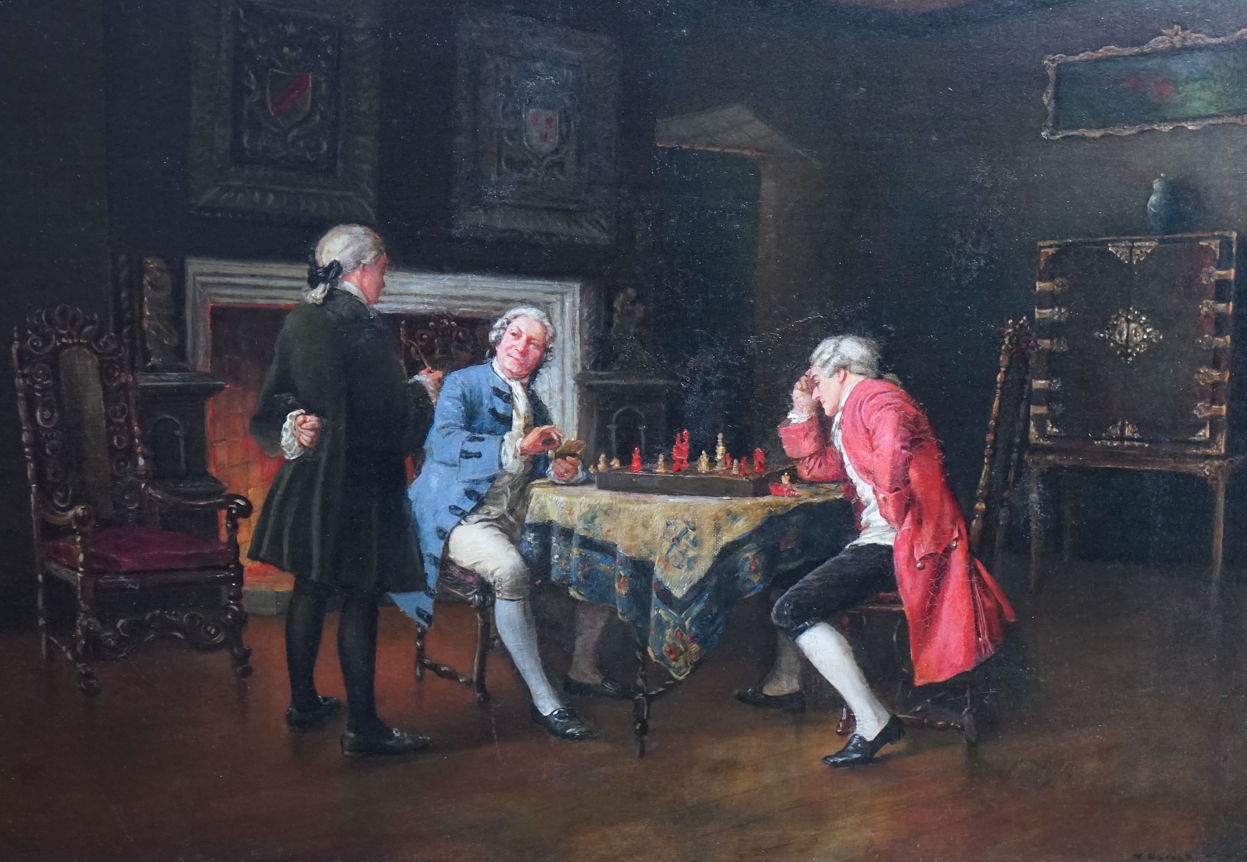 Margaret Dovaston (British, 1884-1954), 'The Chess Match', oil on canvas, 45 x 60cm